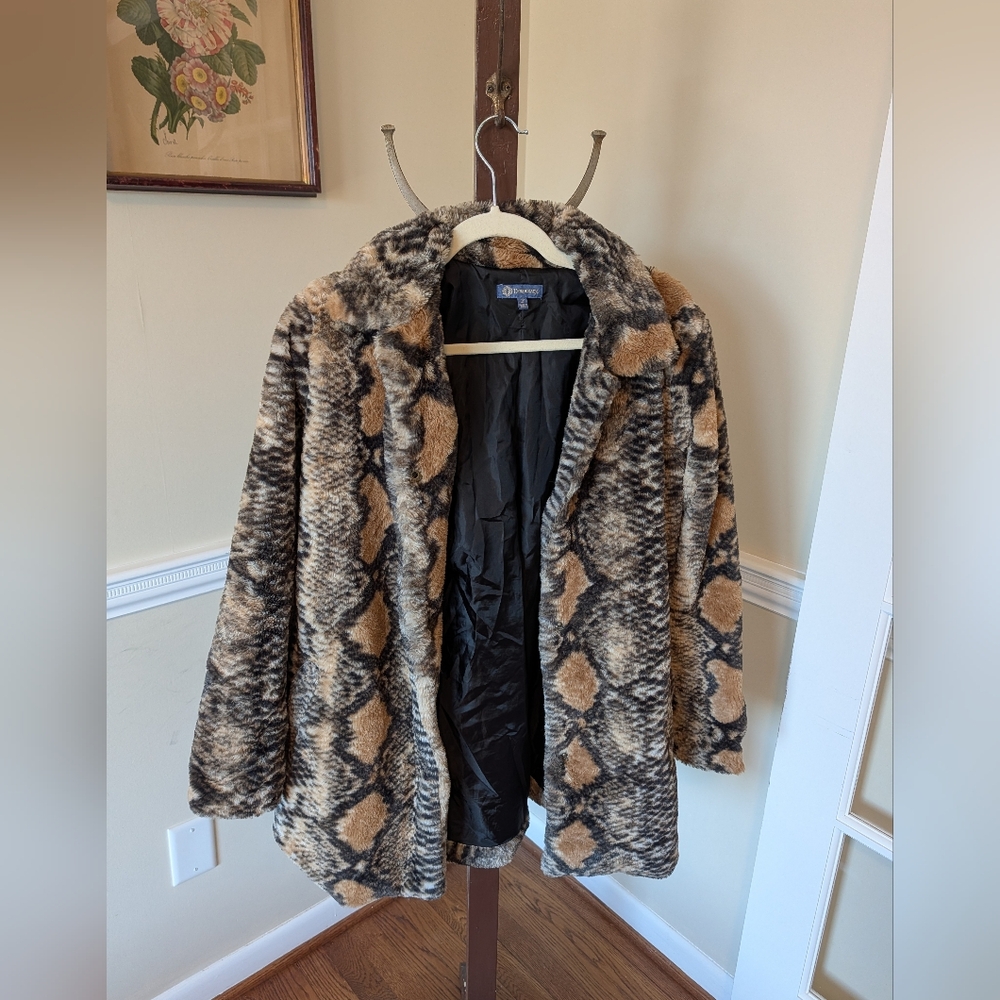 Democracy Faux Fur Snake-Print Teddy Coat in Brown and Black - Picture 2 of 4